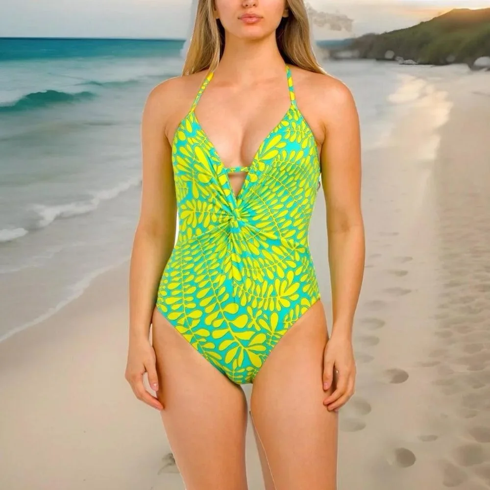 Trina Turk Trellis Twist Front Plunge Maillot One Piece Swimsuit in Lemongrass
